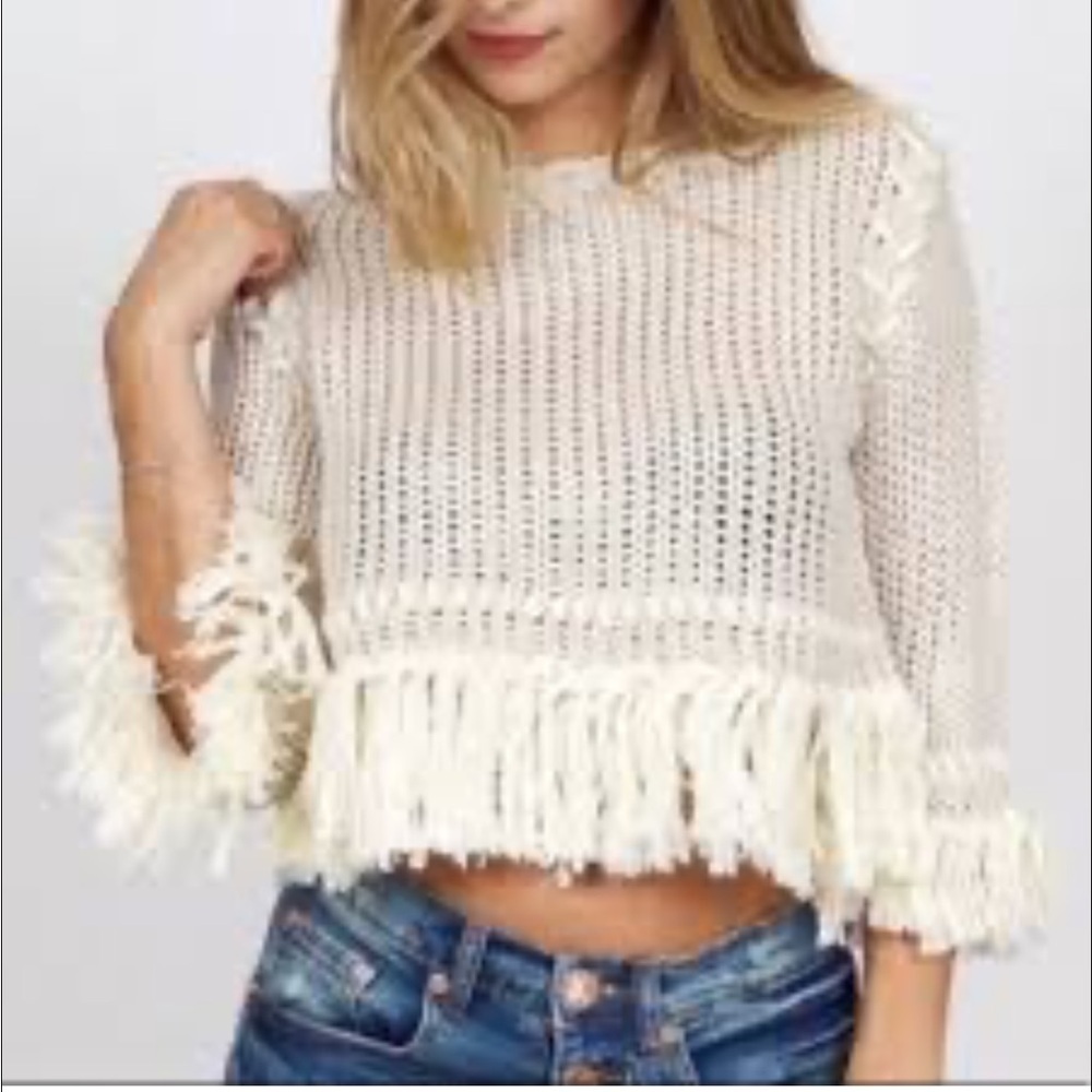 For Love & Lemons Knitz Denver Fringe Crop Sweater Sz M Boho Whimsical Grunge - Picture 3 of 13